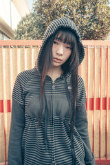 Stripe babydoll hoodie zip-up (Charcoal)