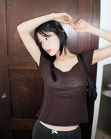 Shoker see-through Shirring Short Sleeve T-Shirt