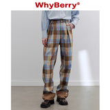 WhyBerry 22AW”レトロな英国風デニムアメリカンチェック柄パンツカジュアルワイドレッグパンツ