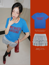 Blue Red Lettering Round Short-Sleeved Knitwear