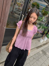 Pocochi Check Shirring Blouse