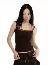 CONFUN Wool Color-Contrasting Fake Two-Piece Earflap Embroidered Bezel Beaded Collar Top