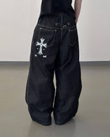 Bone Cross Stud Wide Denim Pants