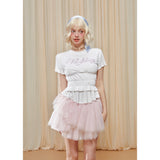 [GirlyFancyClub] Colorful Water Diamond Top for Women Summer Irregular Pleated Waist Short Sleeve T-Shirt