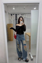 Black Off-Shoulder Cover Long Sleeve T-Shirt