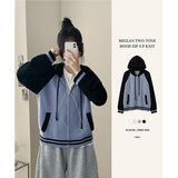 Neck Color Matching Raglan Line Knit Hood Zip-Up