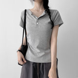 スリムフィット🤍スパンデックス ヘンリーネック ピンタック Tシャツ(4 colors)