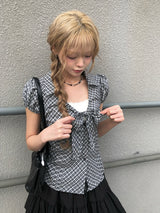 エシオン リボンパフ Vネック チェックシャツ