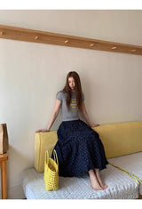 Cozy Navy Flower Frill Long Banding Skirt