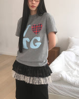 Butu Vintage Heart Check Patch Short-Sleeved T-Shirt