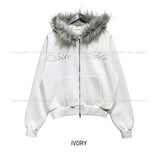 Bite lettering raccoon fur hood zip-up