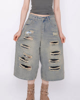 Terran Wide Distressed Bermuda Denim Pants