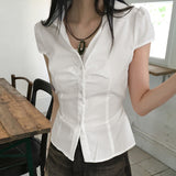 Kawin Geekchic バックストラップスリムシャーリング半袖シャツ