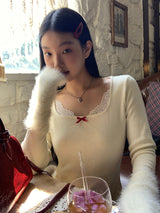 Mink Cuffs Square Neck Lace Long Sleeve T-shirt