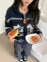 Winter Village House Pattern Knit Zip-Up Cardigan (2 colors)