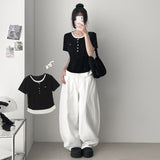 Loose Slim Fit 💫 Coloring Layered U-Neck Shirring Button Daily T-Shirt (6 colors)