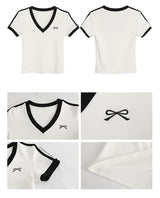 ブラックラインリボンVネックショートスリーブtシャツ