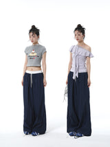 Summon Oak American-style spliced contrast-color casual pants for women, loose straight-cut wide-leg sports trousers with a good draping effect