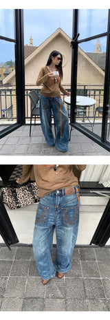 Pocket Embroidery ストレートロングデニムパンツ