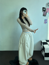 フリース❤サイドシャーリングストライプクロッピードロングスリーブTシャツ 🧸🤎🩶🩵3カラー