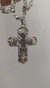 Silver cross@heart long necklace