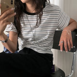 メスリットラウンドネックストリッピードベーシックフィットショーツスリーブTシャツ3カラーズ