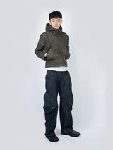 Curved Hood Leather Jacket (Khaki Black)