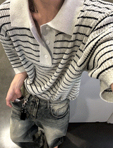 lewen stripe collar short-sleeved knit