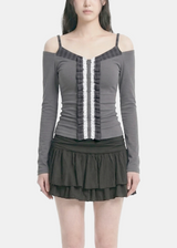 Lauren Check Frill Lace Button T-shirt