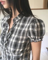 Devon V-neck Checkered Frill Blouse