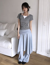 26SS★ [MADE/Skirt+Pants SET] フォリン ブーツカットパンツ アンバランス シャーリング フレア レイヤードスカート