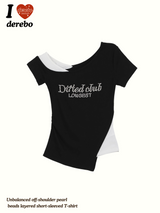 アンバランスオフショルダーパールビーズレイヤードTシャツ