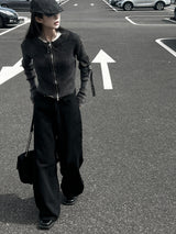 Y2K Back Point X Strap Bijo Wide Loose Fit Denim Long Pants (Black)