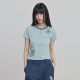 フラワーヘンリーネックハーフスリーブTシャツ