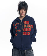 Star Lettering Patch Hoodie Zip-Up - Navy