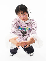 sillysis 可愛いイラストの小熊、ピンクの花柄プリント、宮廷風のギャザーレース付きTシャツ、インナー用トップス レディース