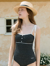 STRIPE BUTTON SWIMSUIT BLACK