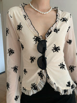 retro floral ruffle long-sleeve blouse