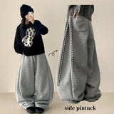 Terry Fleece side pin tuck incision string wide pants