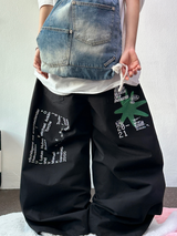 HIP / STREET / KOREAN 💚🐝 GRAFFITI TATTOO PRINT COTTON WIDE BALLOON UNISEX LONG PANTS 🤎🩶🖤💛 - 4 COLORS