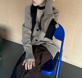 4-BUTTON V-NECK BOXY OVERSIZED LOOSE KNIT BROWN KITSCH AUTUMN THICK CARDIGAN (SCARF SET X)