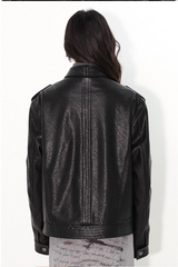 A versatile stand-collar, regular-shoulder leather jacket