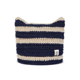 Square Label Stripe Crochet Beanie / Navy