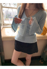 Sky V-neck Lace Bow Long Sleeve T-shirt
