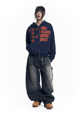 Star Lettering Patch Hoodie Zip-Up - Navy