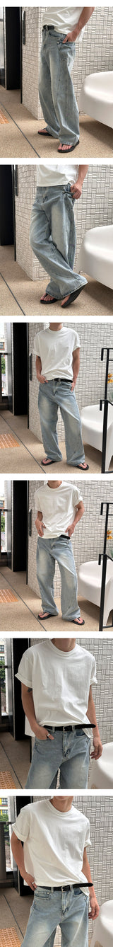 [Unisex] ウェーブウォシュドワイドデニムパンツ(4color)