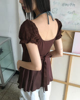 Kiaco Heart Neck Puffed Ribbon Punching Short-Sleeved Blouse