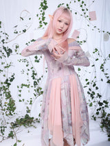 Rosé Isle オールドファッションレタービンテージプリンティドストレッチメッシュドレス ウィズオフショルダーイレギュラースプライストヘム