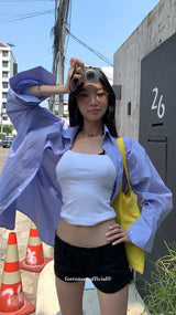 Blue check turban pocket loose fit shirt