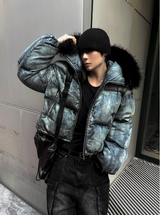 Carrot washed denim embroidered padded coat + black fur